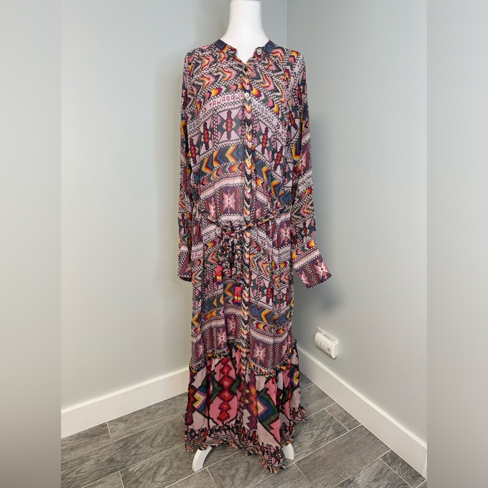 NWT Farm Rio Amulet Maxi Boho Sleeved Belted Aztec Sheer Dress Sz Large - Picture 5 of 17